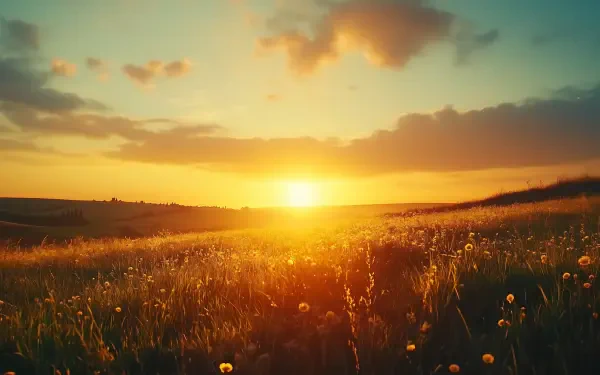 Golden hour light bathes a serene natural landscape with wildflowers and a distant horizon, captured in vibrant HD for a PC desktop wallpaper background.