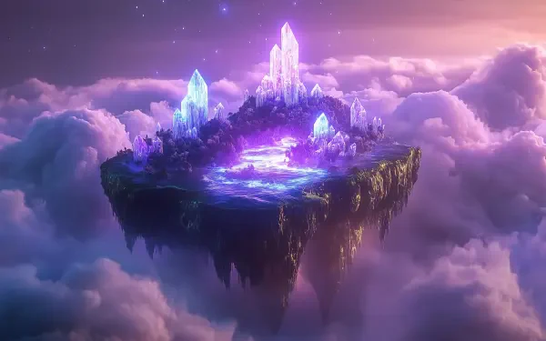 An enchanting floating island rests among purple clouds, adorned with shimmering crystals, creating a mesmerizing HD desktop wallpaper and background.