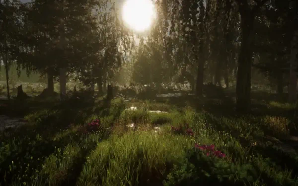 A serene nature scene from the video game The Quinfall, featuring vibrant greenery and soft sunlight filtering through a forest, creating a peaceful atmosphere. HD PC desktop wallpaper.