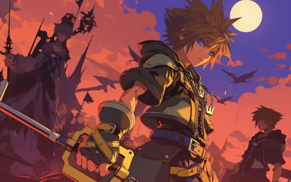 A vibrant HD wallpaper featuring Sora from Kingdom Hearts, wielding his iconic Keyblade against a dramatic sunset backdrop, with shadowy figures and a full moon in the distance.