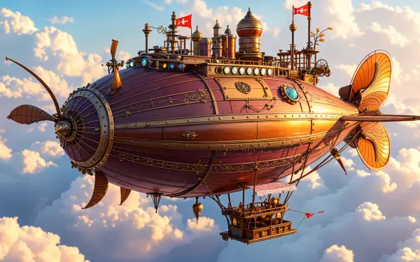 A detailed steampunk airship sails through golden clouds, blending fantasy and Victorian design in this 4K Ultra HD PC desktop wallpaper.