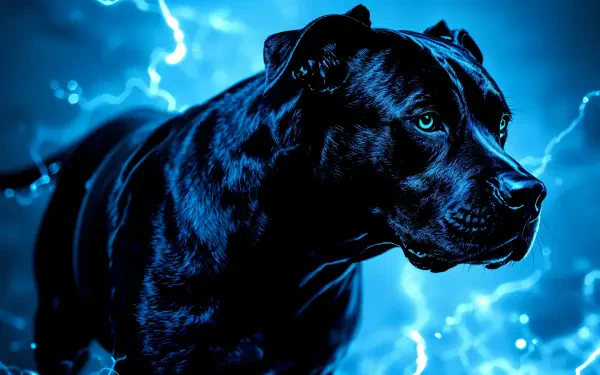 Vibrant 4K Ultra HD image of a pitbull dog set against an electrifying blue background, highlighting its strong features and intense gaze.