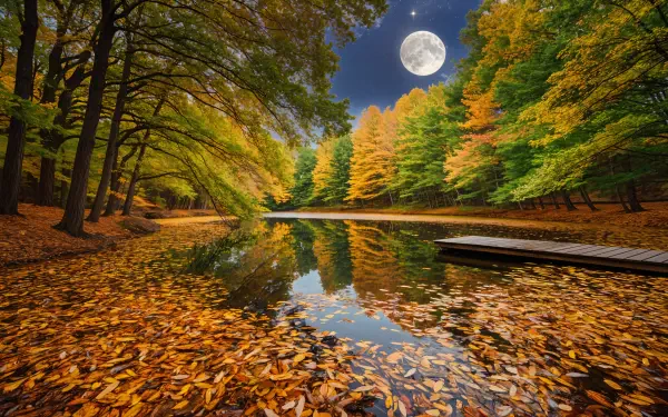 Moonlit lake surrounded by autumn trees with colorful leaves, reflecting the full moon in the calm water, captured in stunning 4K Ultra HD resolution.