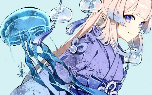 HD PC desktop wallpaper featuring Sangonomiya Kokomi, a girl from the video game Genshin Impact, illustrated with jellyfish and soft blue tones.
