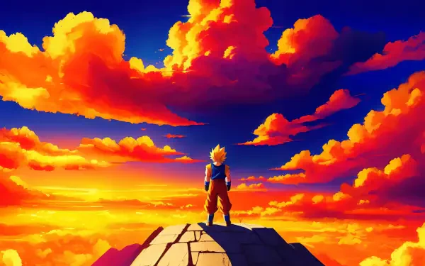 Dragon Ball Z character stands on a cliff at sunset with vibrant orange clouds against a deep blue sky, rendered in stunning 4K Ultra HD for PC desktop wallpaper.