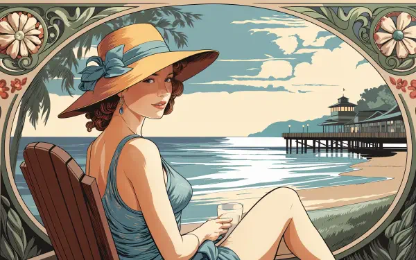 A stylish woman in a wide-brimmed hat relaxes by the beach, holding a drink, with a picturesque pier and sunset in the background. This vibrant image captures the essence of summer vacation.