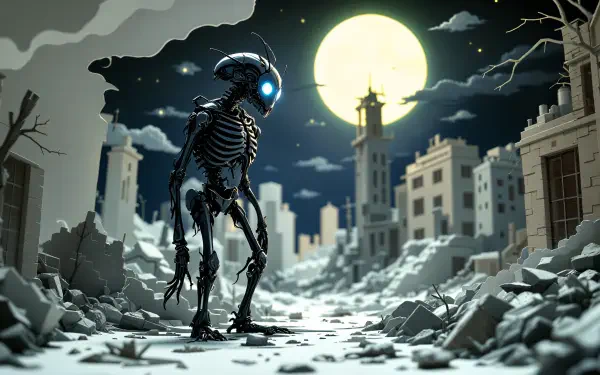 A futuristic skeletal figure stands amidst a desolate urban landscape under a large moon, embodying the bugcore aesthetic in this striking 4K Ultra HD wallpaper.