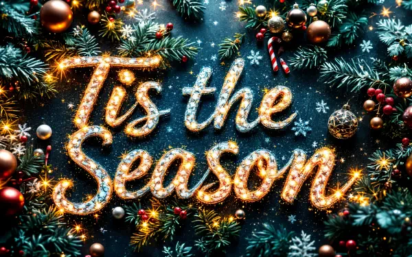 A vibrant 4K Ultra HD wallpaper featuring the festive phrase Tis the Season, surrounded by Christmas ornaments, candy canes, and lush greenery, evoking holiday cheer.