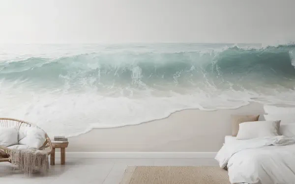 Aesthetic indoor bedroom featuring a serene ocean mural with gentle waves, complemented by natural decor elements, creating a calming atmosphere. High-definition desktop wallpaper.