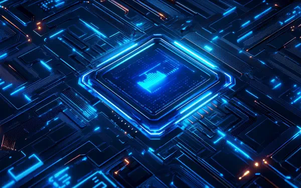 A high-definition desktop wallpaper featuring a close-up view of a blue circuit board with intricate patterns and glowing elements, highlighting advanced technology.
