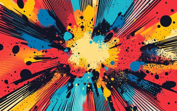 A vibrant pop art explosion in bold colors and dynamic lines, creating an energetic comic-inspired design. This HD wallpaper adds a striking visual impact to any desktop background.