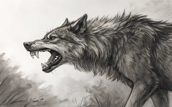 A fierce depiction of Fenrir, the mythical wolf, rendered in striking black and white, serving as a dramatic 4K Ultra HD wallpaper for a PC desktop background.