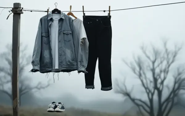 A minimalist capsule wardrobe displayed on a clothesline, featuring a denim jacket, a white tee, black jeans, and sneakers against a foggy backdrop, designed as a 4K Ultra HD desktop wallpaper.
