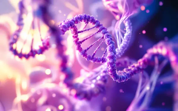 A vibrant, abstract depiction of a double helix, featuring intricate strands in shades of purple and blue, perfect as a 4K Ultra HD PC desktop wallpaper or background.