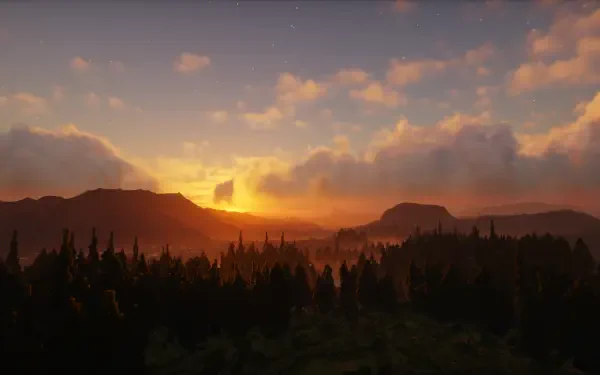 HD Minecraft desktop wallpaper depicting a vibrant sunset casting warm light over a dense forest with distant mountains under a partly cloudy sky.