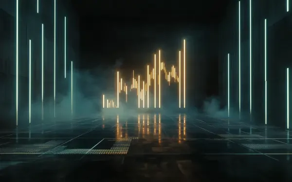 A minimalist, futuristic architecture scene featuring glowing neon elements and soft fog. This HD wallpaper creates a vibrant, immersive atmosphere for PC desktops.