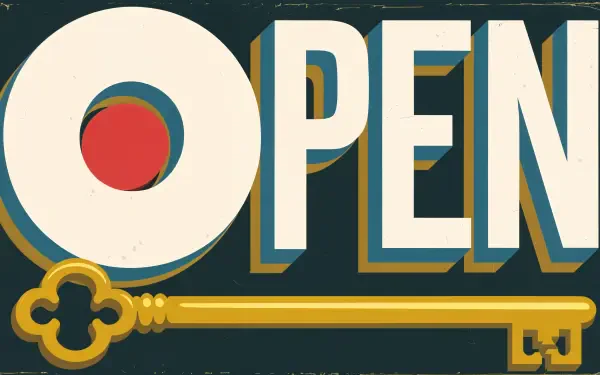 Vintage-style 4K Ultra HD desktop wallpaper featuring the word OPEN with a red circle in the letter O and a gold antique key beneath the text.