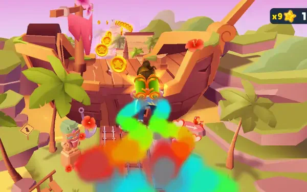 Colorful HD wallpaper featuring an action scene from the video game Subway Surfers, showcasing a vibrant environment with characters and flying coins.