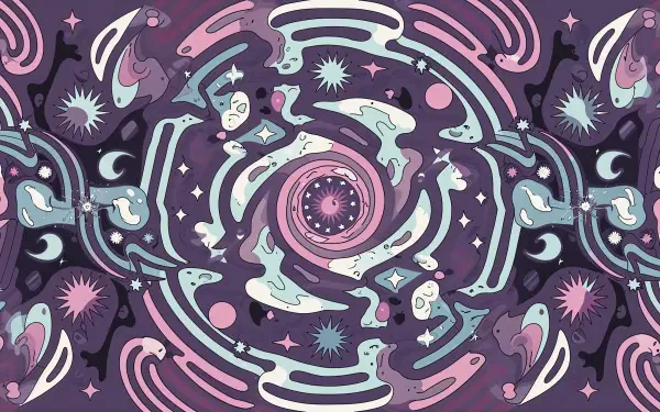 A vibrant trippy pattern featuring swirling shapes and cosmic elements, designed as a stunning 4K Ultra HD PC desktop wallpaper and background.