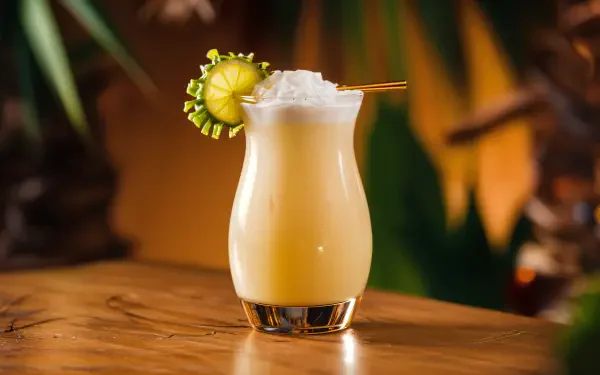 A refreshing Pina Colada in an elegant glass, garnished with a pineapple slice, against a warm, tropical backdrop. This vibrant image serves as a stunning 4K Ultra HD desktop wallpaper.