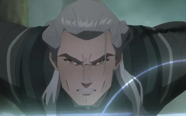Anime-style image of Geralt of Rivia from The Witcher: Sirens of the Deep, showcasing an intense expression and dynamic action in a high-definition desktop wallpaper.