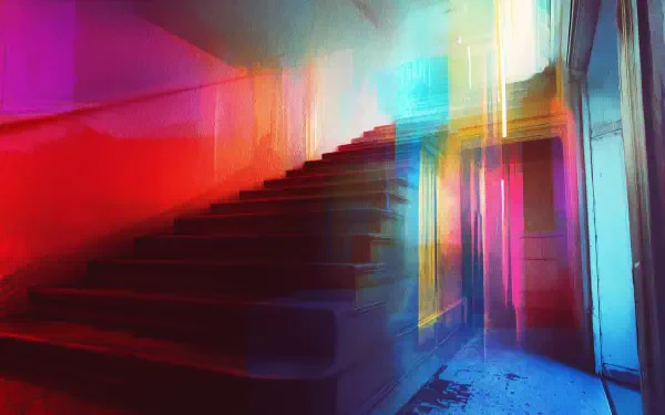 A vibrant 4K Ultra HD desktop wallpaper featuring chromatic aberration effects, showcasing a staircase illuminated with striking colors and shifting light.