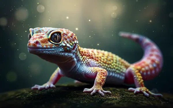 A vibrant gecko with striking colors sits on a rock, surrounded by a softly illuminated, magical background, offering a captivating 4K Ultra HD wallpaper experience.