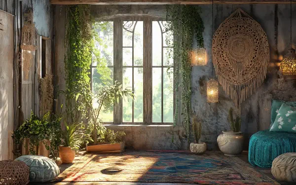 Bohemian interior design with rich natural light flooding a cozy room adorned with lush plants, woven wall decor, and vibrant textiles in 4K Ultra HD.