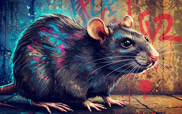 A vibrant and detailed illustration of a rat, featuring colorful graffiti elements in the background, designed as a 4K Ultra HD PC desktop wallpaper.