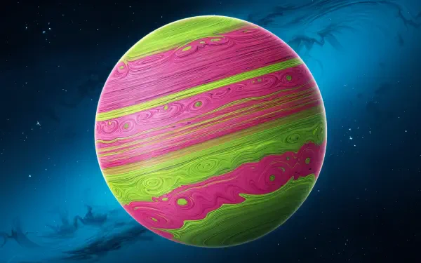 A vibrant 4K Ultra HD wallpaper featuring a colorful planet with striking pink and green stripes against a deep blue cosmic background.