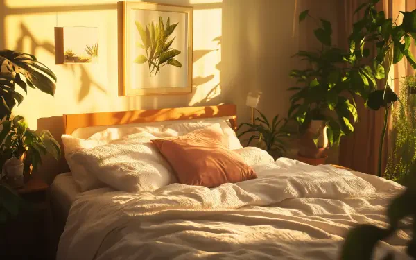 A cozy bedroom scene with soft bedding and a warm, inviting atmosphere, illuminated by sunlight filtering through plants and walls adorned with botanical art. 4K Ultra HD wallpaper.