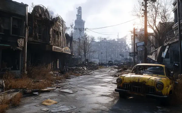 A vivid depiction of a post-apocalyptic city, featuring crumbling buildings, debris-strewn streets, and an abandoned yellow car, perfect for a 4K Ultra HD desktop wallpaper.