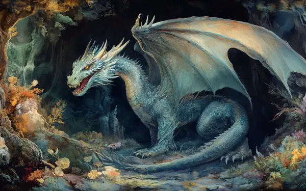 A majestic dragon rests in its lair, showcasing intricate details and vibrant colors. This 4K Ultra HD image serves as a stunning desktop wallpaper and background.