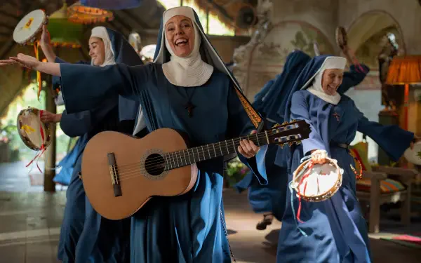 A lively scene from Paddington in Peru, featuring joyful nuns playing instruments and dancing in a vibrant setting, perfect for your HD desktop wallpaper.