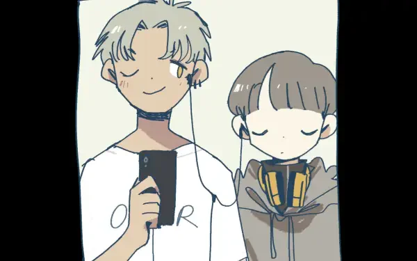 Two characters with casual styles share a moment, one holding a phone while listening to music. This HD wallpaper features themes from the video game Afterlove EP.