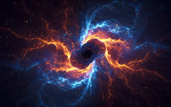 A vibrant cosmic swirl of blue and orange energy against a dark starry background, creating a stunning 4K Ultra HD PC desktop wallpaper.