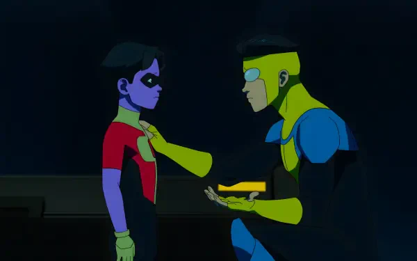 A scene from the TV show Invincible, featuring Mark Grayson interacting with a young hero, set against a dark background. A vibrant 4K Ultra HD wallpaper design.