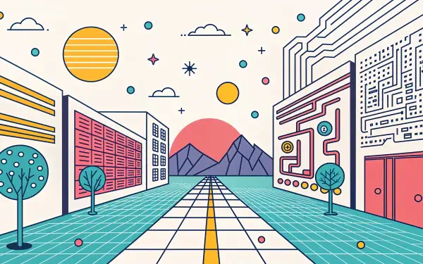 A vibrant illustration of a futuristic landscape featuring geometric buildings, mountains, and celestial elements, embodying the theme of cyberspace. 4K Ultra HD wallpaper.