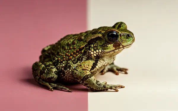 Close-up of a green toad amphibian against a pink and white background, captured in 4K Ultra HD for a vivid wildlife desktop wallpaper.