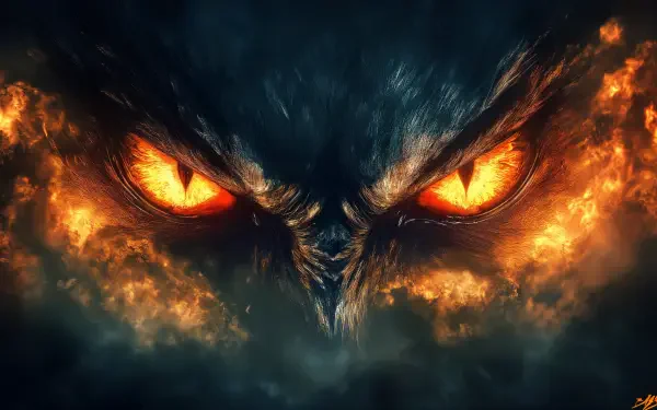 A striking 4K Ultra HD wallpaper featuring intense, angry eyes set against a dark backdrop, with fiery orange accents that convey a sense of power and fury.