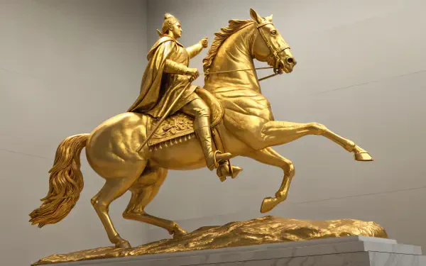 A striking golden statue of a mounted warrior in mid-gallop, showcasing the art of horseback riding. This 4K Ultra HD image serves as an impressive desktop wallpaper.