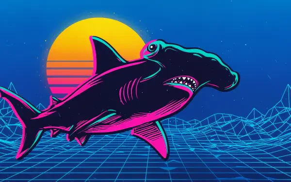 A vibrant illustration of a hammerhead shark swims against a retro-styled sunset and geometric background, showcasing a dynamic 4K Ultra HD design for desktop wallpaper.