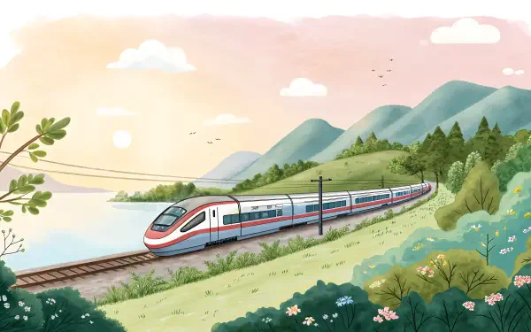 A vibrant 4K Ultra HD wallpaper featuring a bullet train traveling along scenic tracks by a serene lake, framed by mountains and colorful flora under a pastel sky.