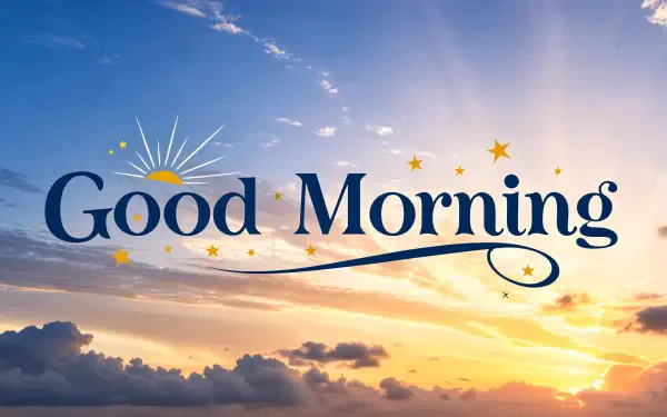 4K Ultra HD wallpaper featuring a serene sunrise with clouds and light rays, accompanied by the cheerful text Good Morning, evoking a warm and uplifting start to the day.