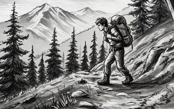 A backpacker walks along a rugged trail surrounded by tall pine trees and mountains, captured in a dramatic black-and-white illustration, ideal as a 4K Ultra HD wallpaper.
