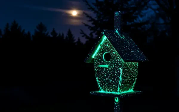 A glowing birdhouse sparkles under a full moon, surrounded by dark silhouettes of trees, captured beautifully in a 4K Ultra HD wallpaper.