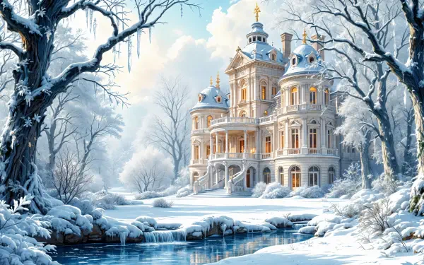 A stunning 4K Ultra HD desktop wallpaper featuring a grand snowy mansion surrounded by frosted trees and a serene river, capturing a tranquil winter landscape.