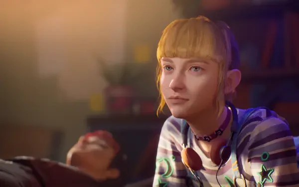 A detailed HD wallpaper from the video game Lost Records: Bloom & Rage, featuring a thoughtful young woman with blonde hair and headphones, set in a cozy, warmly lit environment.