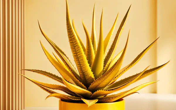 A vibrant aloe vera plant in a yellow pot against a warm background, showcased in stunning 4K Ultra HD, perfect for a desktop wallpaper or background.