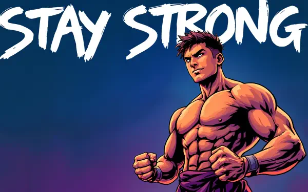 A vibrant 4K Ultra HD desktop wallpaper featuring a muscular character with a determined expression, accompanied by the motivational phrase STAY STRONG in bold, dynamic text.